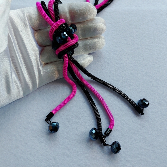 Necklace Pink Fuchsia Black Chain Long Necklace Thick Linked Multi-Tone Strand - Picture 2 of 11